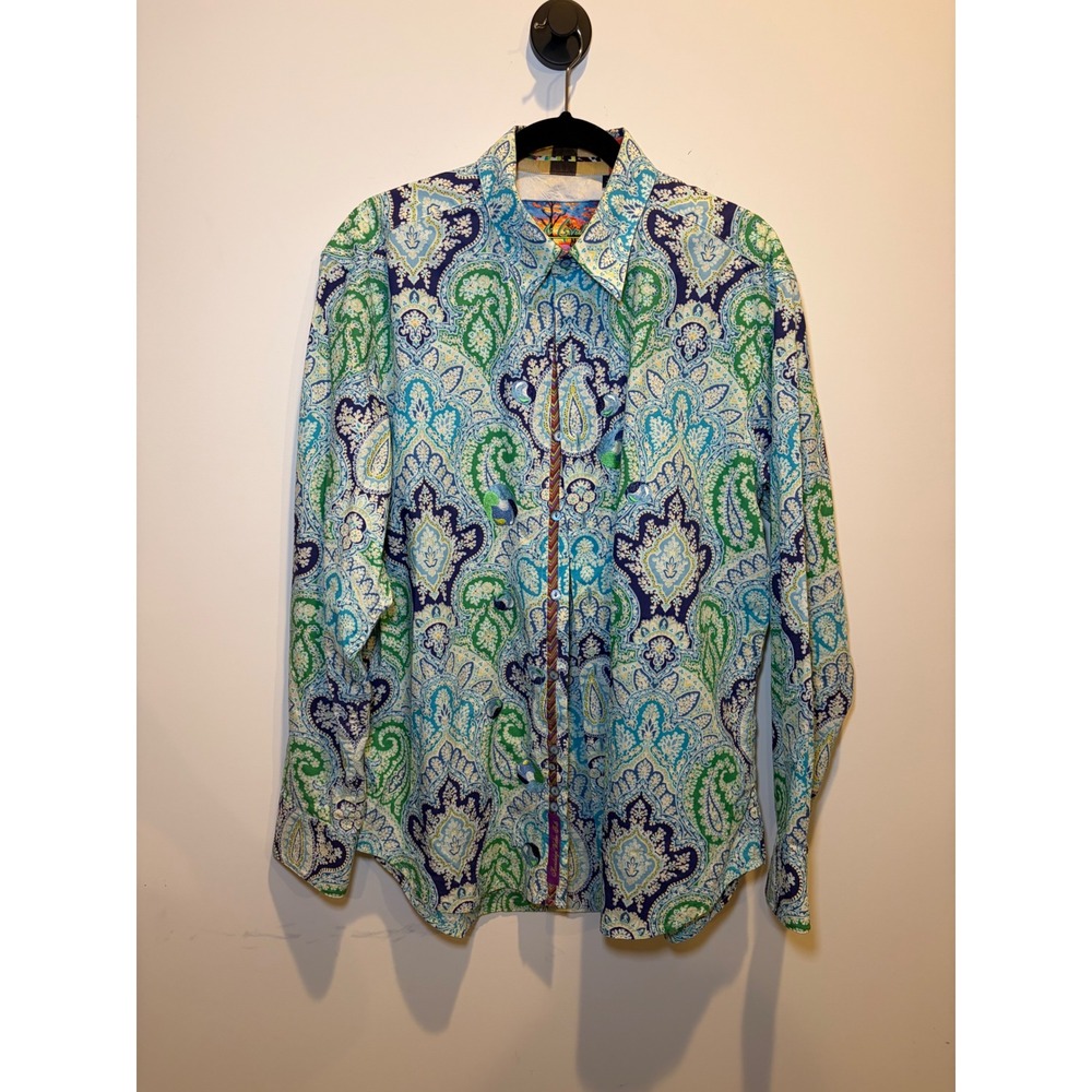 Robert Graham Mens Blue Green Paisley Long Sleeve Button Down Shirt Large L